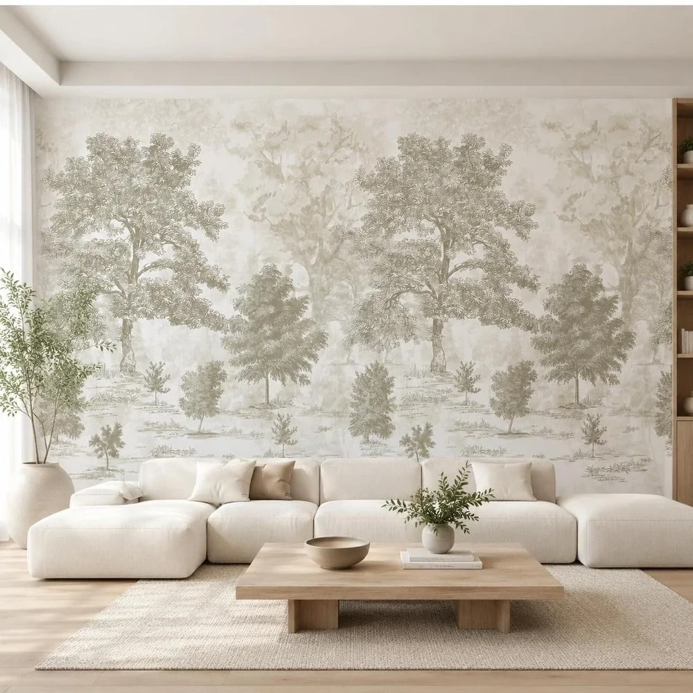 ZEEKO Vintage Forest Wall Mural Peel & Stick 177x110 Beige Wallpaper 6 Strip